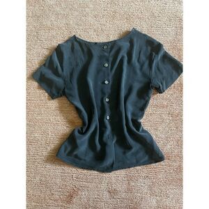 Women’s Pure Silk Ribbed Mock Neck Top Gray Short Sleeve Size 4